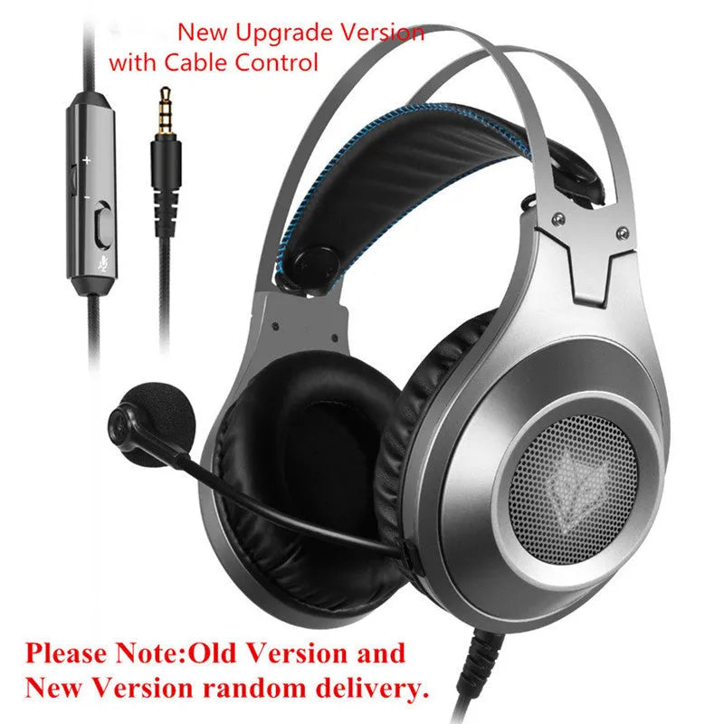 Black wired USB over-ear computer gaming headset with a microphone on a desktop.