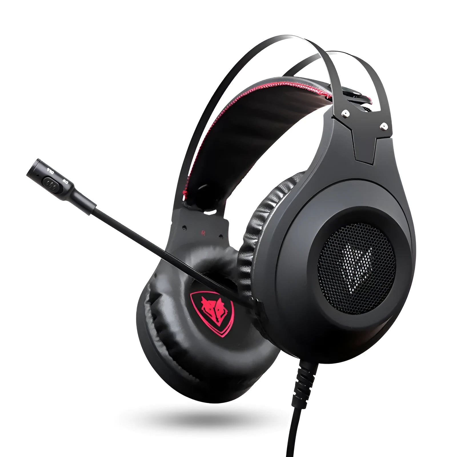 Black wired USB over-ear computer gaming headset with a microphone on a desktop.