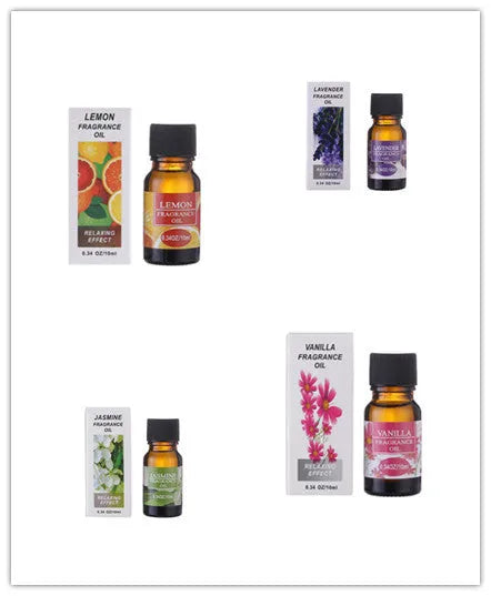 Set of 12 small glass bottles of aromatherapy essential oil, 10ml each, with labels showing Lavender, Rose, Lemon, and other fragrances.