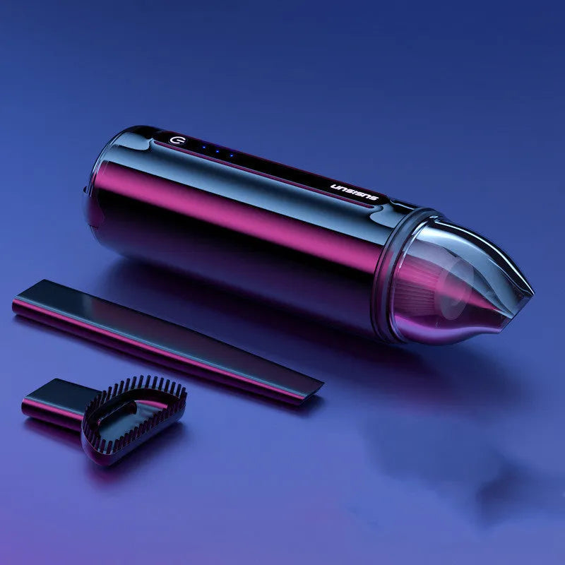 Black portable car vacuum cleaner with ABS body and wireless charging base