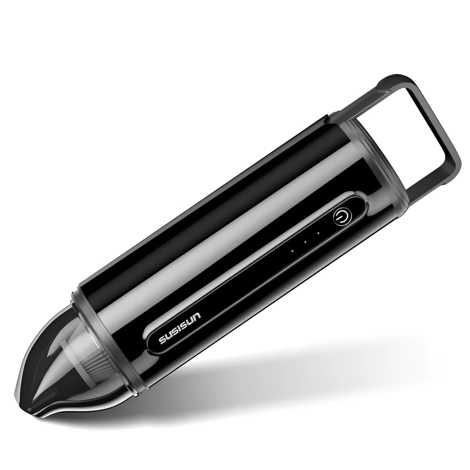 Black portable car vacuum cleaner with ABS body and wireless charging base