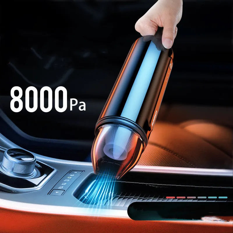 Black portable car vacuum cleaner with ABS body and wireless charging base