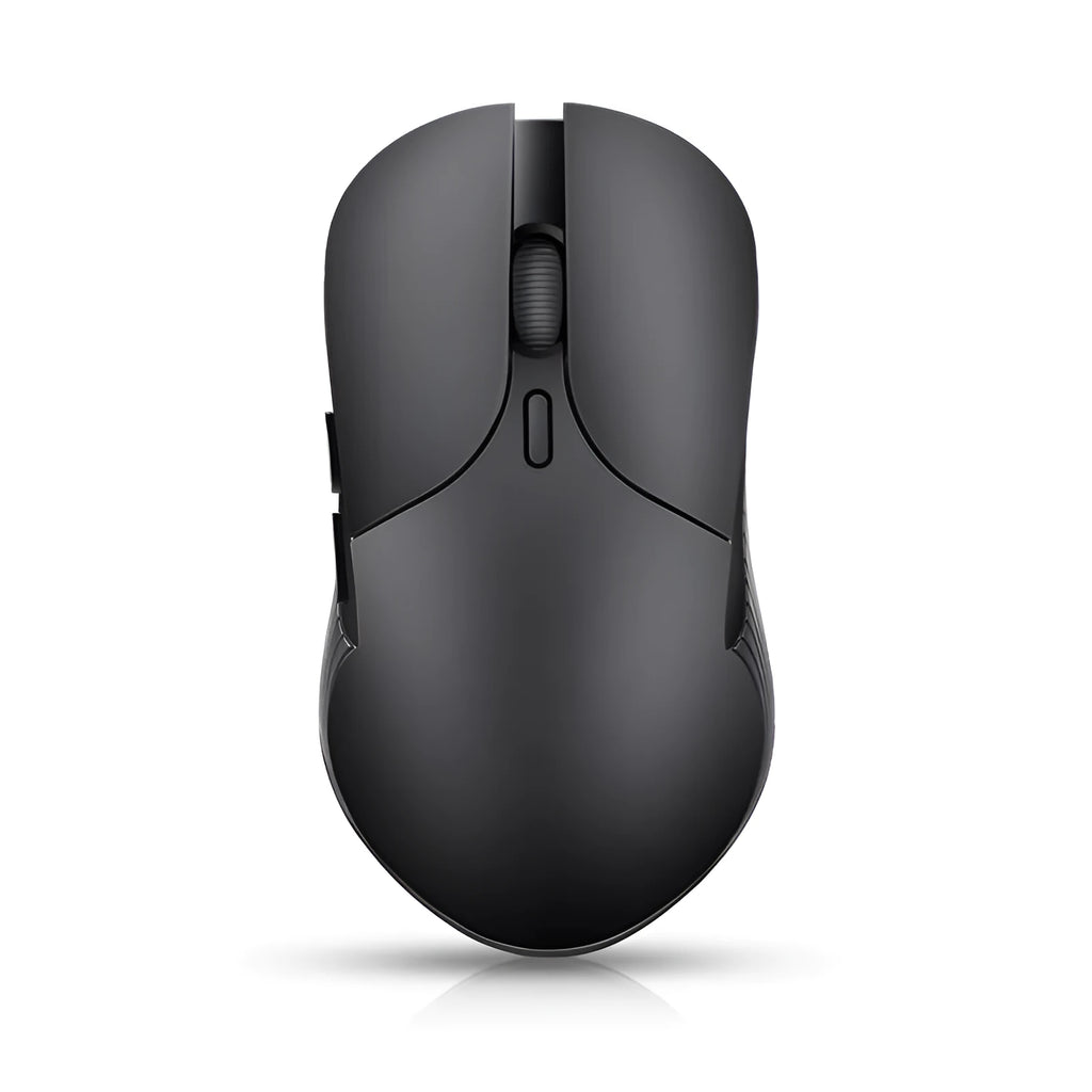 Blue wireless voice translation mouse with scroll wheel and voice control button on a desk.
