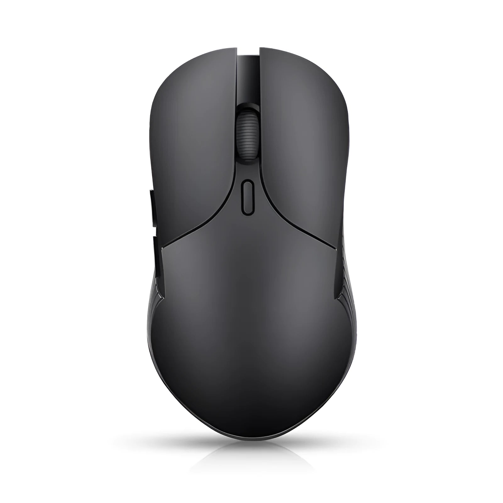 Blue wireless voice translation mouse with scroll wheel and voice control button on a desk.