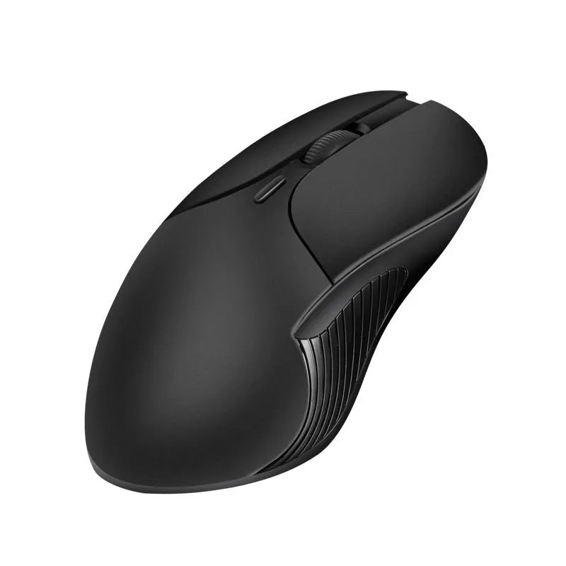 Blue wireless voice translation mouse with scroll wheel and voice control button on a desk.