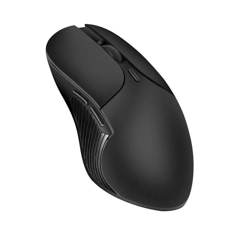 Blue wireless voice translation mouse with scroll wheel and voice control button on a desk.