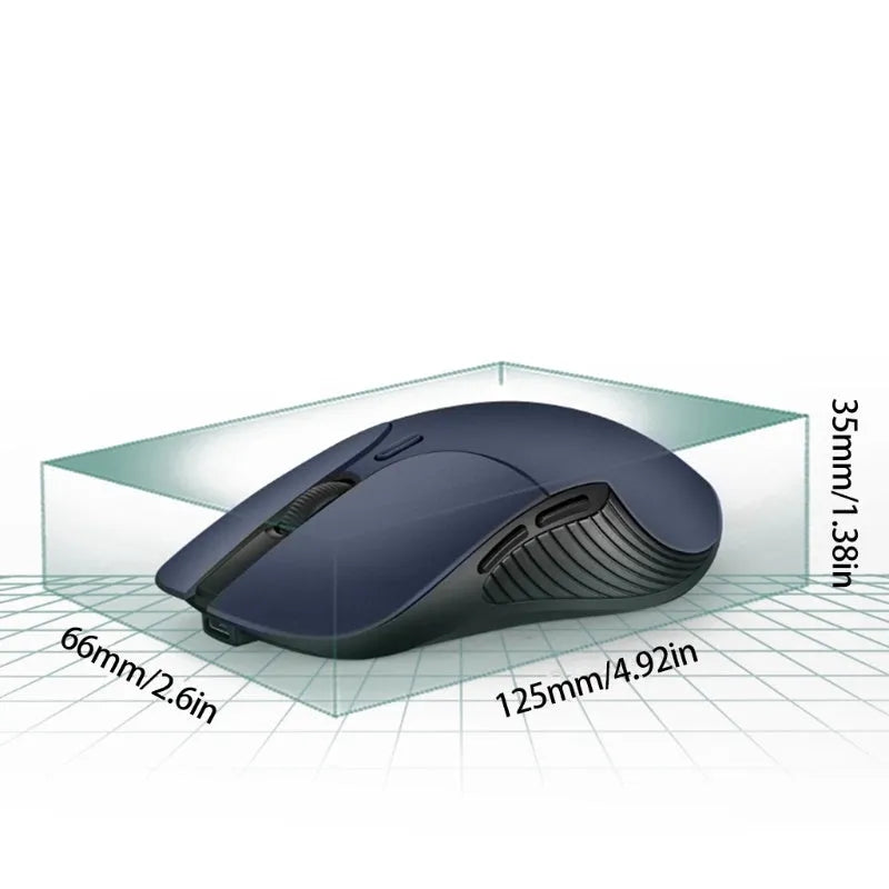 Blue wireless voice translation mouse with scroll wheel and voice control button on a desk.
