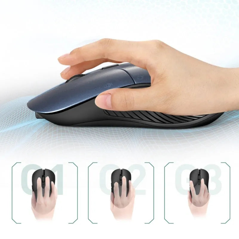 Blue wireless voice translation mouse with scroll wheel and voice control button on a desk.