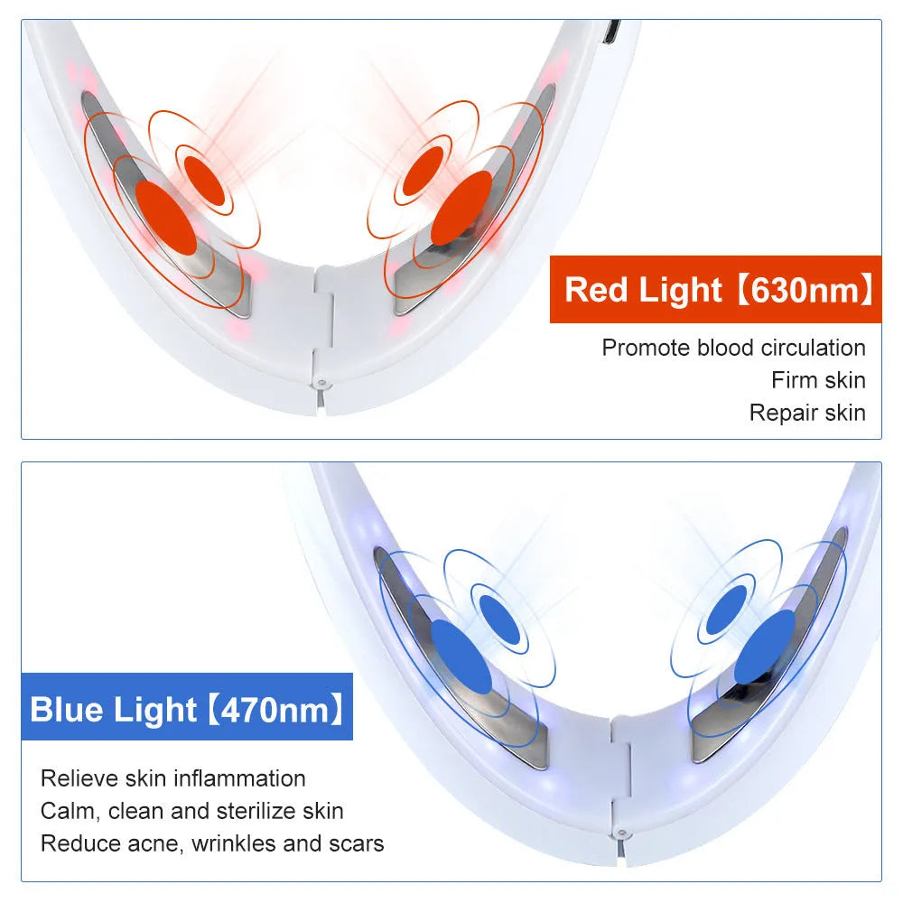 White handheld facial lifting beauty instrument with red and blue light therapy nodes.