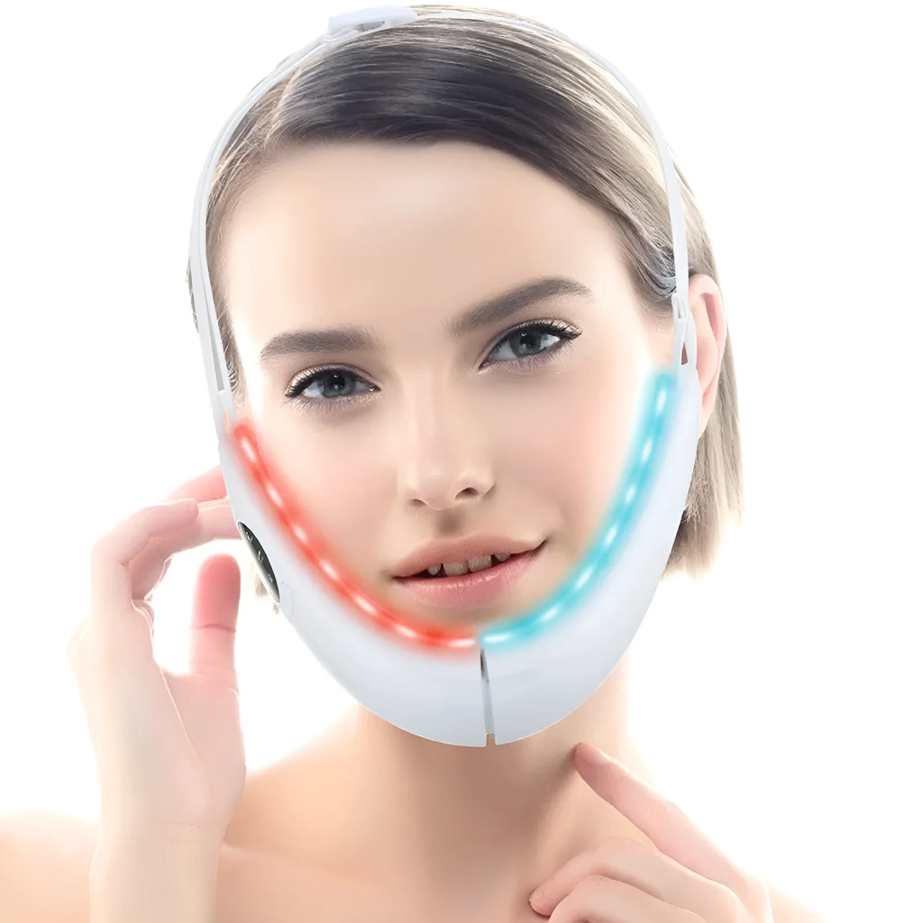 White handheld facial lifting beauty instrument with red and blue light therapy nodes.