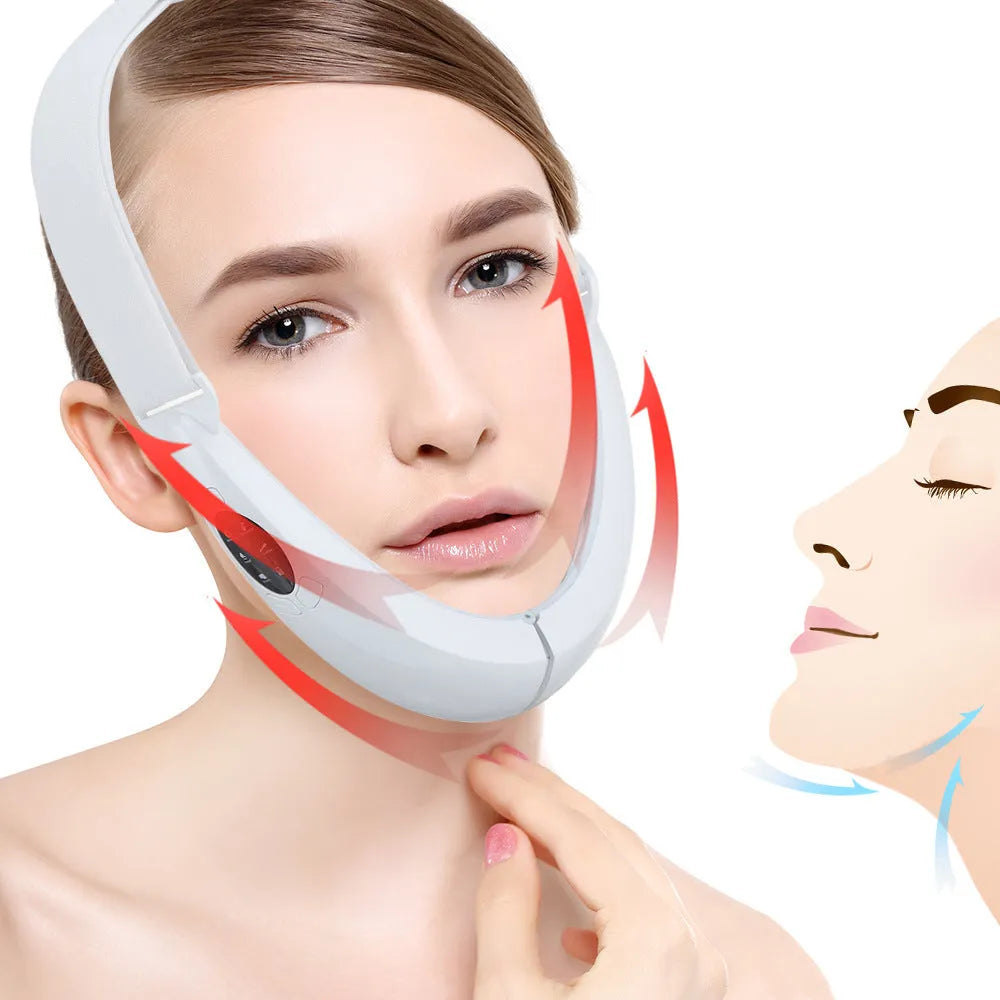 White handheld facial lifting beauty instrument with red and blue light therapy nodes.