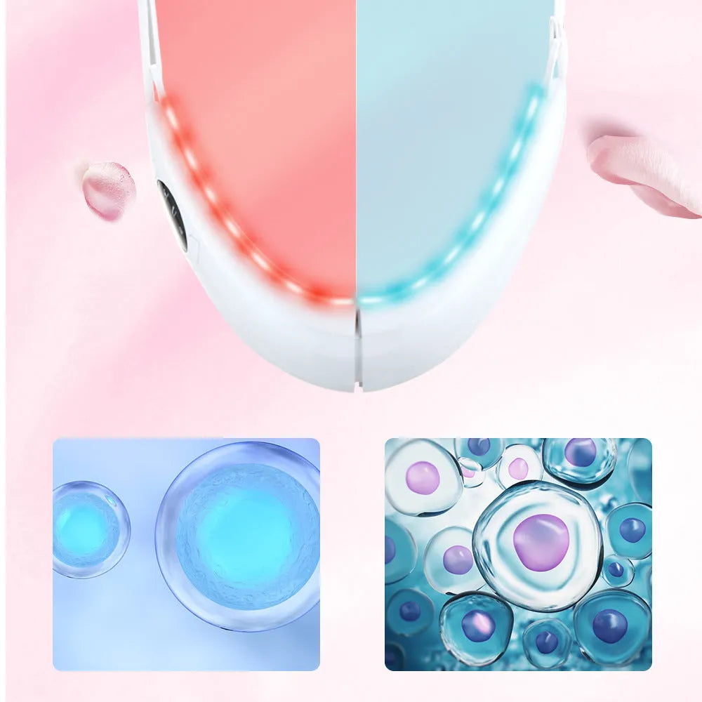 White handheld facial lifting beauty instrument with red and blue light therapy nodes.