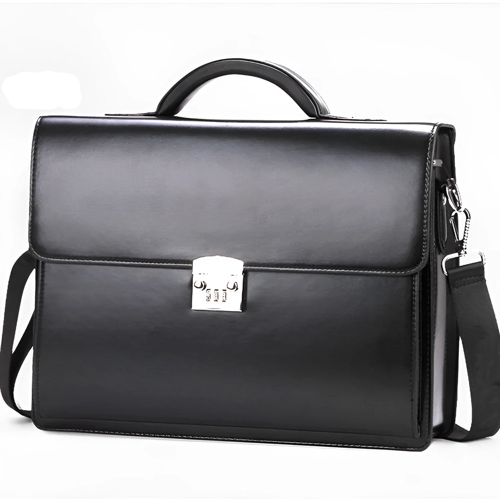 Black horizontal PU leather men's business briefcase with a single strap, shown with the zipper open.