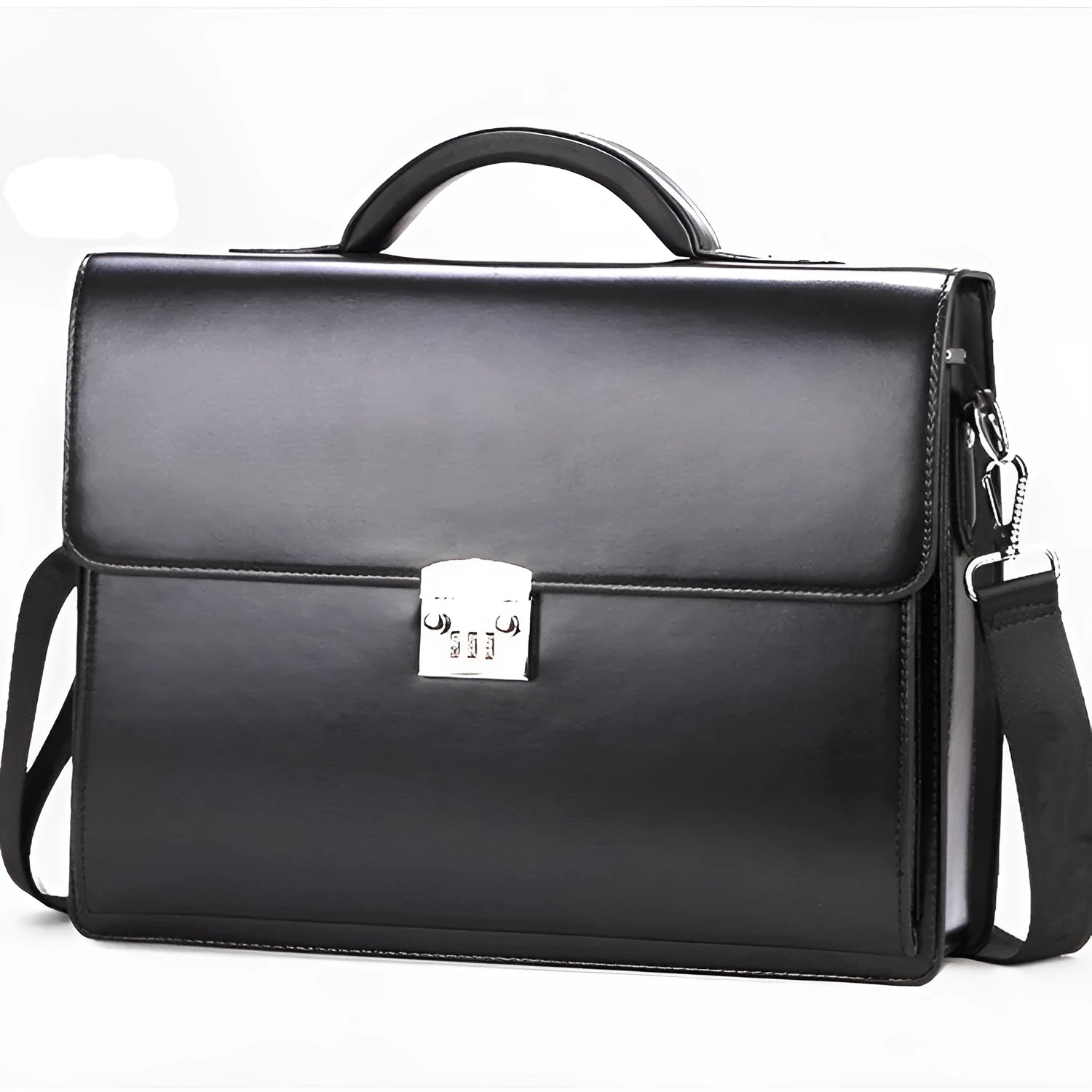 Black men's PU leather business briefcase showing horizontal square shape and single hand-carry strap.