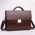 Black men's PU leather business briefcase showing horizontal square shape and single hand-carry strap.