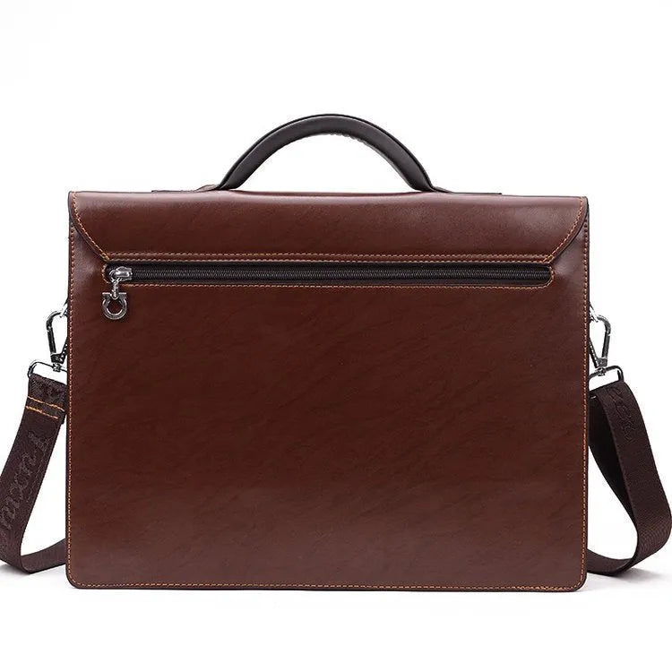 Men's black PU leather business briefcase with zipper opening and single handle.