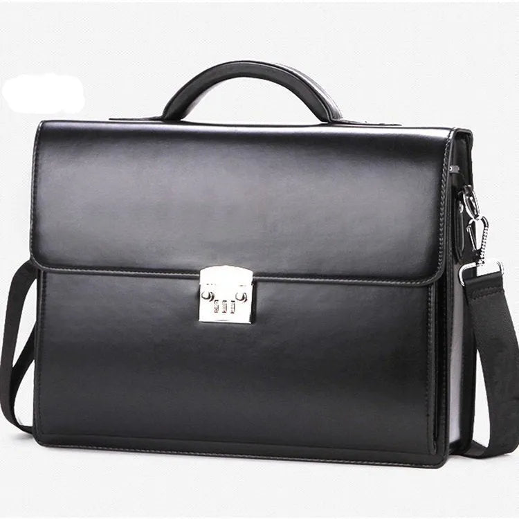 Black horizontal PU leather men's business briefcase with a single strap, shown with the zipper open.