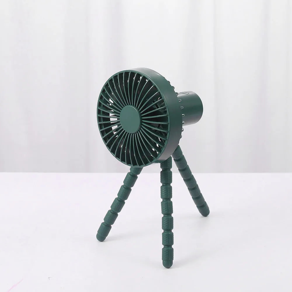 Small adjustable desktop fan with flexible tripod and bending head, shown in white colour.