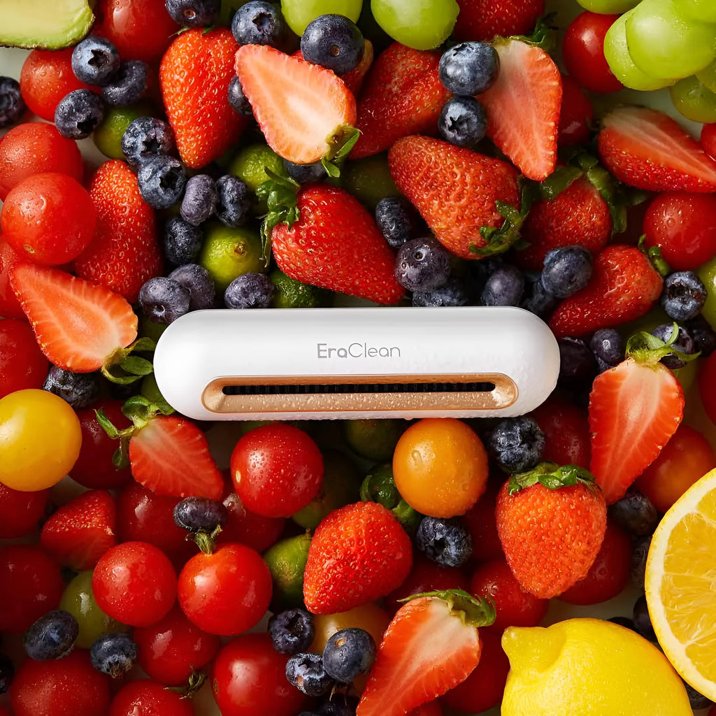 Rose gold USB-powered car air purifier and deodoriser with push-button control.
