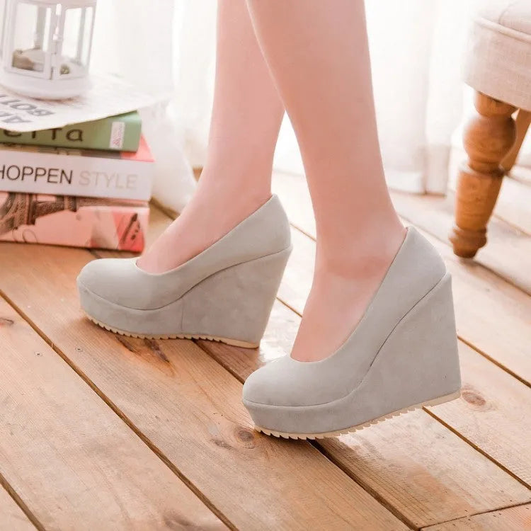 Women's retro platform wedge shoes thick bottom round toe lace-up decoration beige colour low heel side view