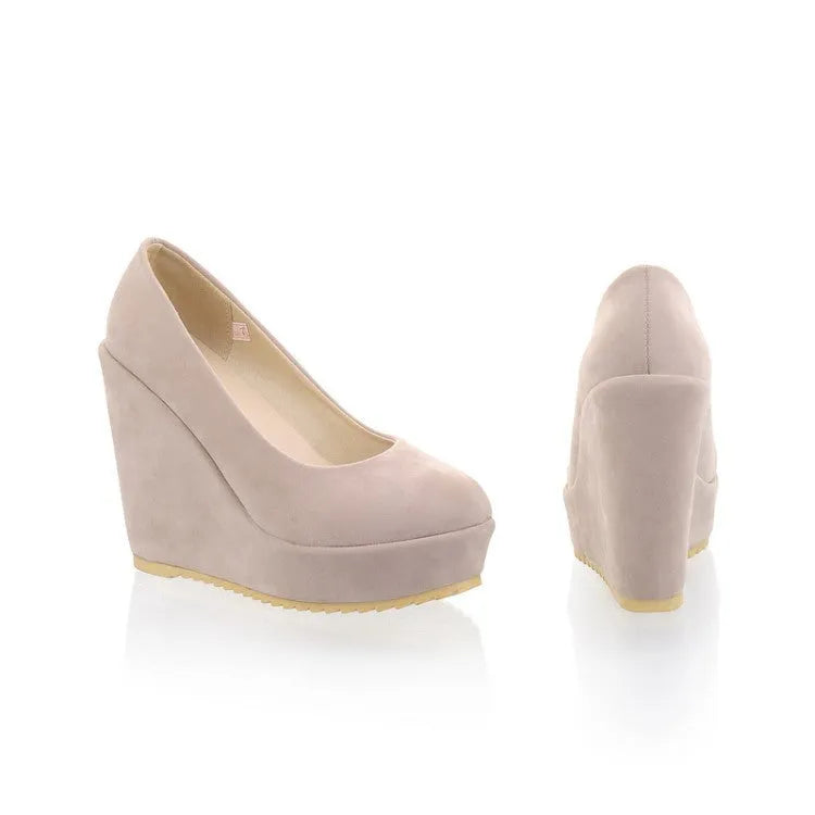 Women's retro platform wedge shoes thick bottom round toe lace-up decoration beige colour low heel side view
