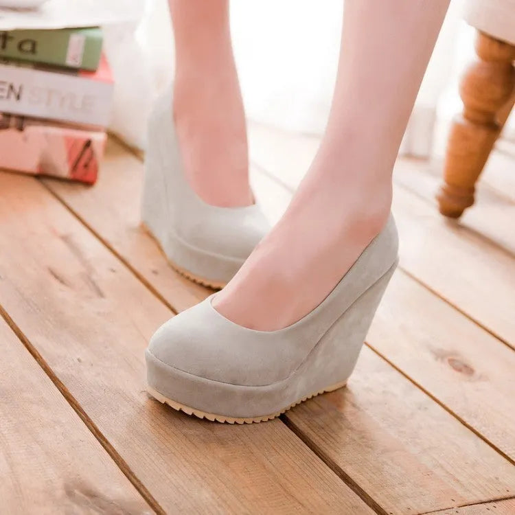 Women's retro platform wedge shoes thick bottom round toe lace-up decoration beige colour low heel side view