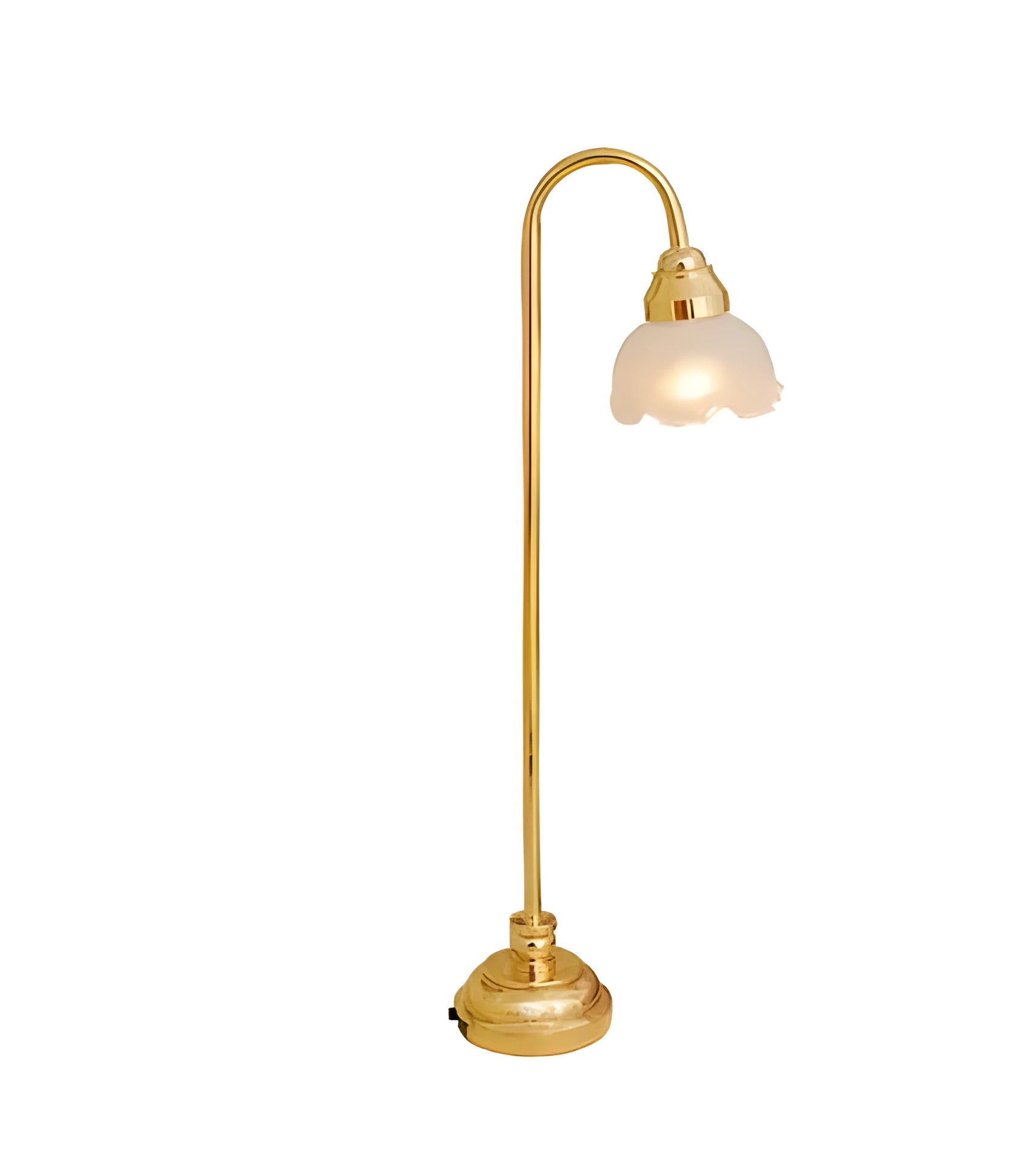 Miniature dollhouse LED floor lamp with glass shade and metal stand, battery operated without cord