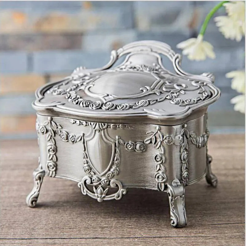 Hangkai European zinc alloy jewelry box in ancient tin colour, shown in large, medium, and small sizes.