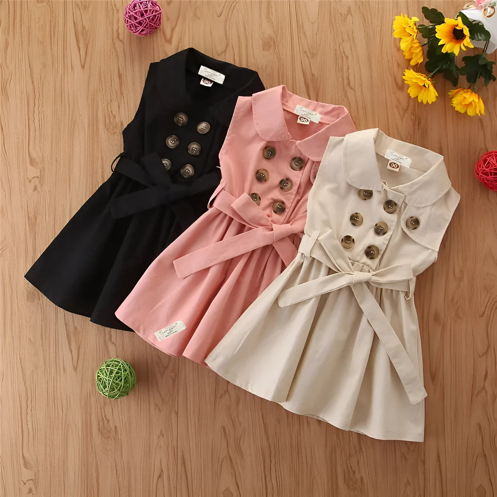 Toddler girl in cotton sleeveless princess dress with sash button fastening