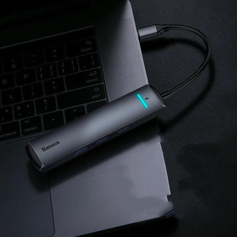 Dark grey Mechanical Eye Type-C docking station compatible with MacBook and iPhone, 5GBps transfer rate