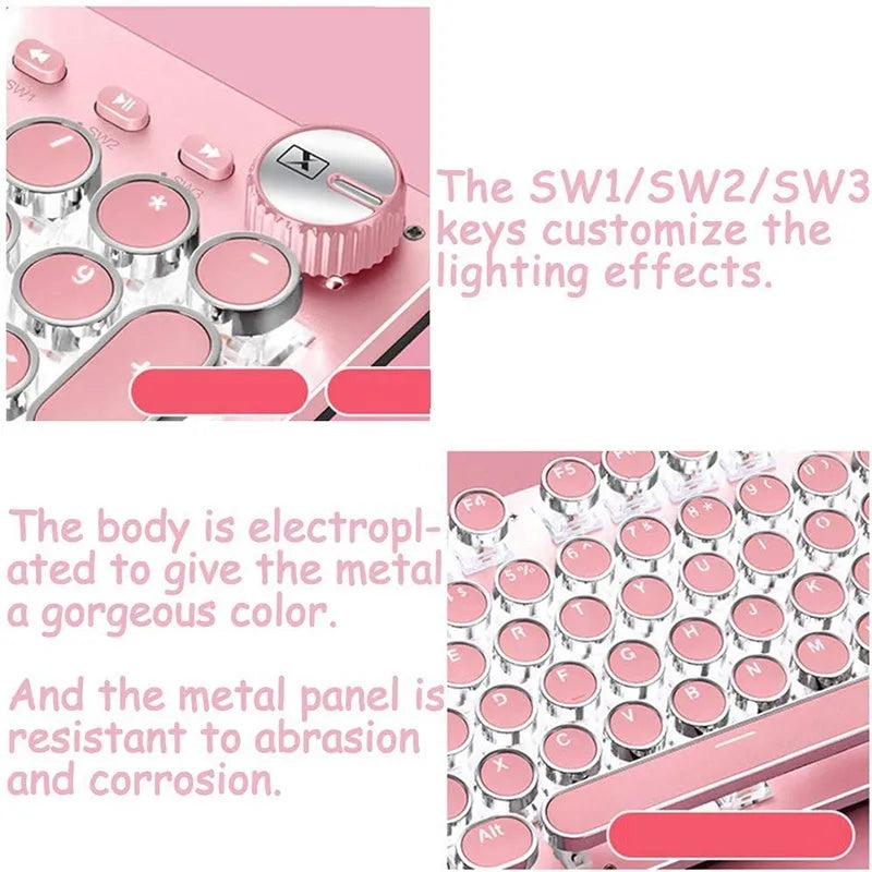 Queen Lipstick mechanical keyboard with green switches, white backlight, silver base, pink accents, and wired USB mouse on a desk.