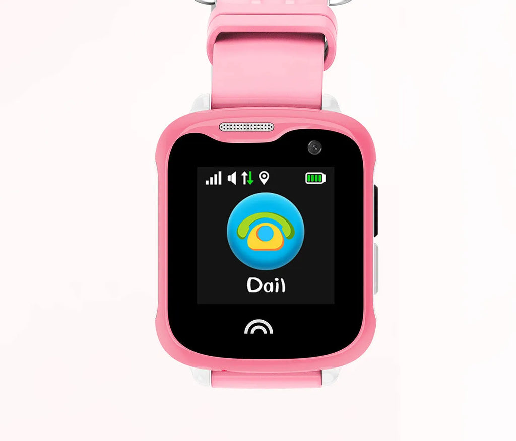 Children's waterproof touch screen smart watch in black, blue, and pink colours