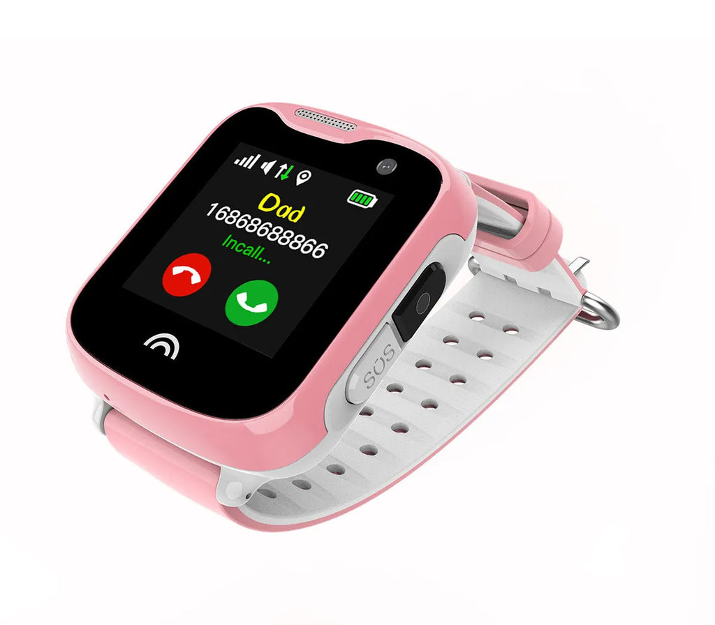 Children's waterproof touch screen smart watch in black, blue, and pink colours