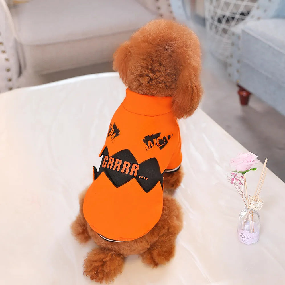Orange cloth pumpkin costume sweater for dogs in six sizes from XS to XXL on a light background