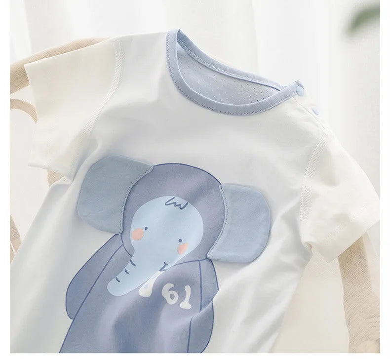 Clear water blue short sleeve cotton baby bodysuit with cartoon print on white background