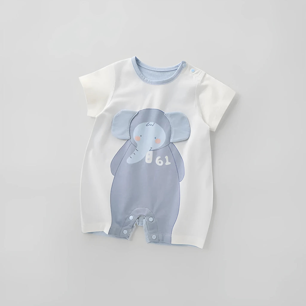 Clear water blue short sleeve cotton baby bodysuit with cartoon print on white background