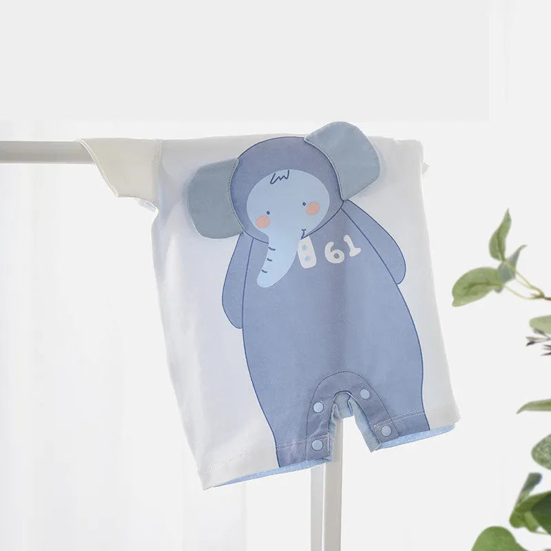 Clear water blue short sleeve cotton baby bodysuit with cartoon print on white background