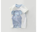 Clear water blue short sleeve cotton baby bodysuit with cartoon print on white background
