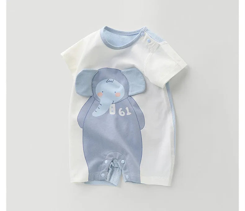 Clear water blue short sleeve cotton baby bodysuit with cartoon print on white background