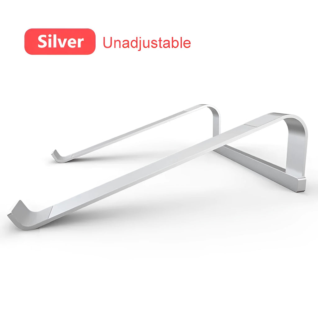 Aluminium alloy laptop air stand in silver, hollowed out design, supporting an open notebook on a desk.