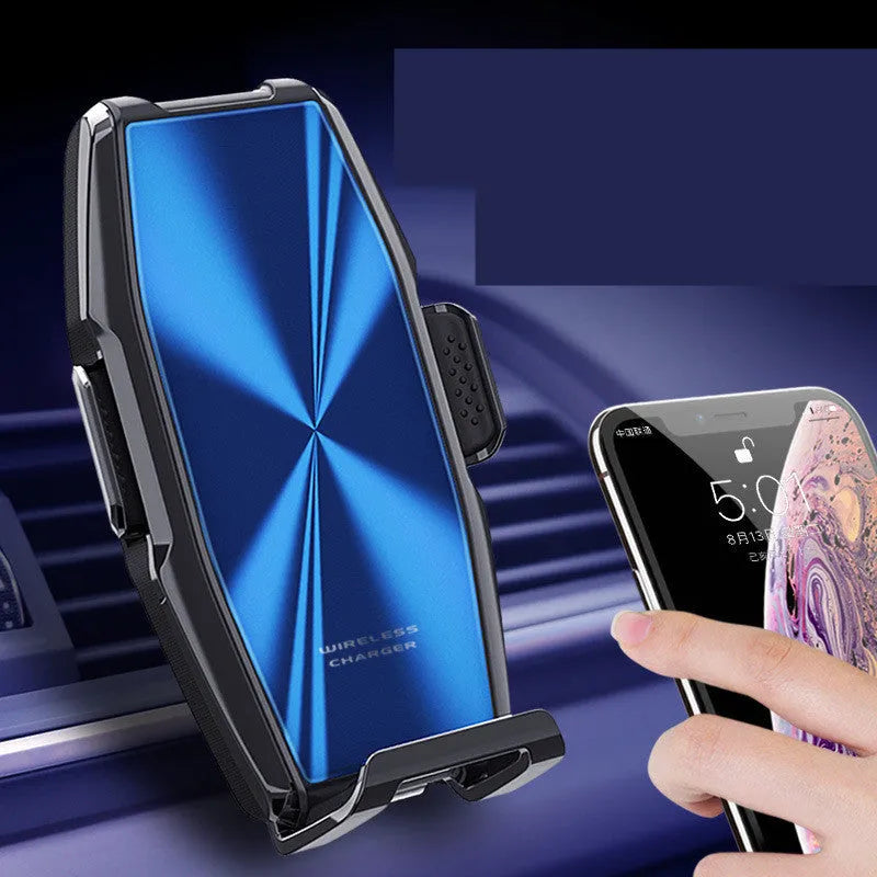 Blue car wireless charger with mobile phone holder showing charging indicator light