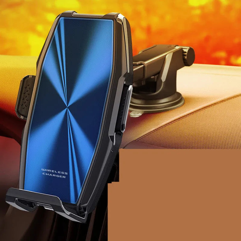 Blue car wireless charger with mobile phone holder showing charging indicator light