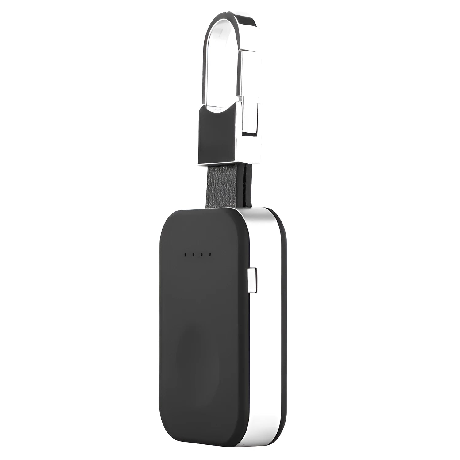 Black Apple Watch wireless keychain power bank showing compact size and charging surface.