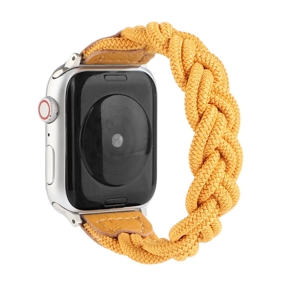 Braided solo loop watch strap for Apple Watch in army green, shown fitted to a 40mm case.