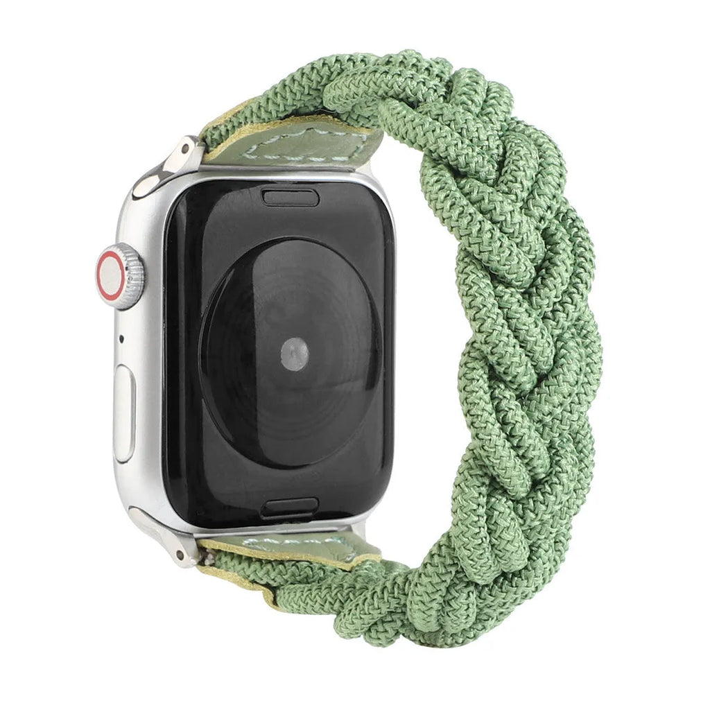 Braided solo loop watch strap for Apple Watch in army green, shown fitted to a 40mm case.