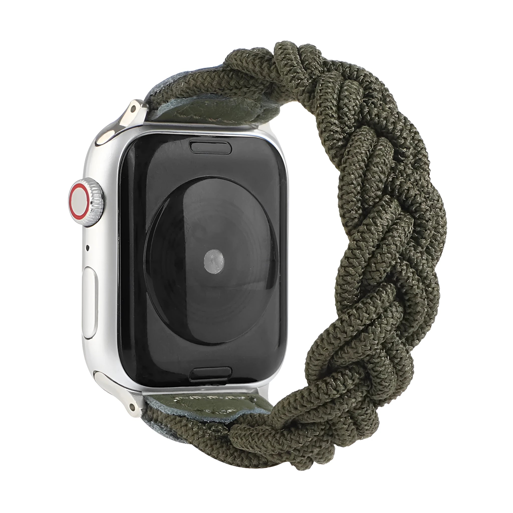 Braided solo loop watch strap for Apple Watch in army green, shown fitted to a 40mm case.