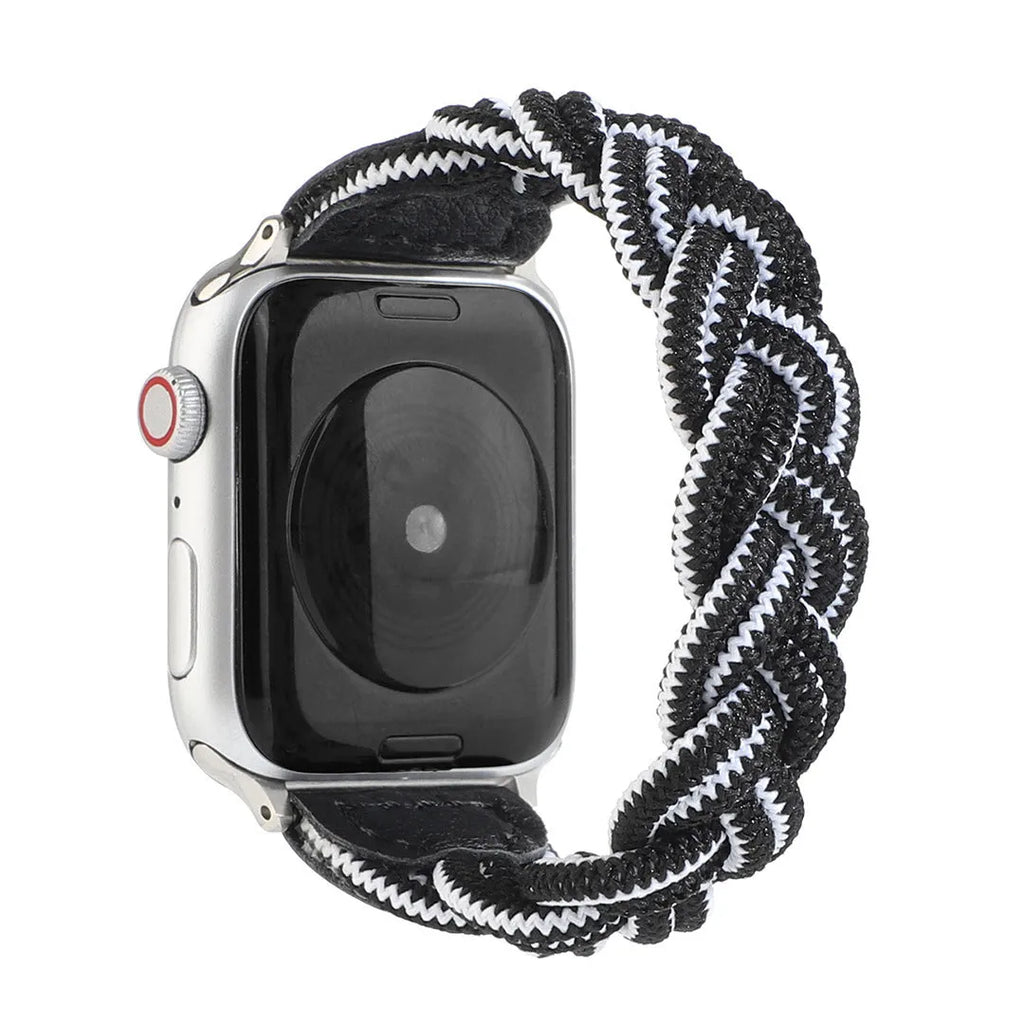Braided solo loop watch strap for Apple Watch in army green, shown fitted to a 40mm case.