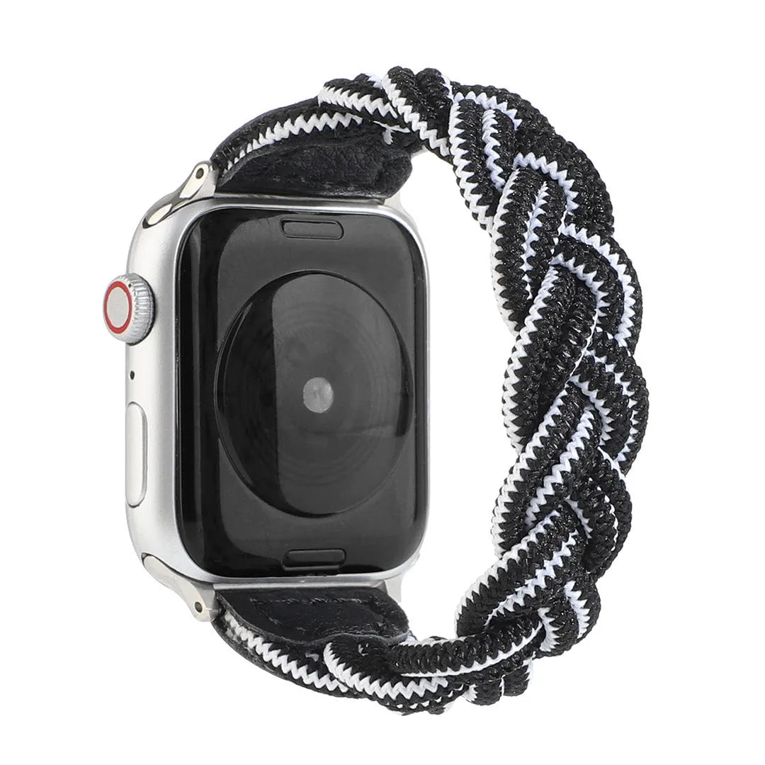 Braided solo loop watch strap for Apple Watch in army green, shown fitted to a 40mm case.