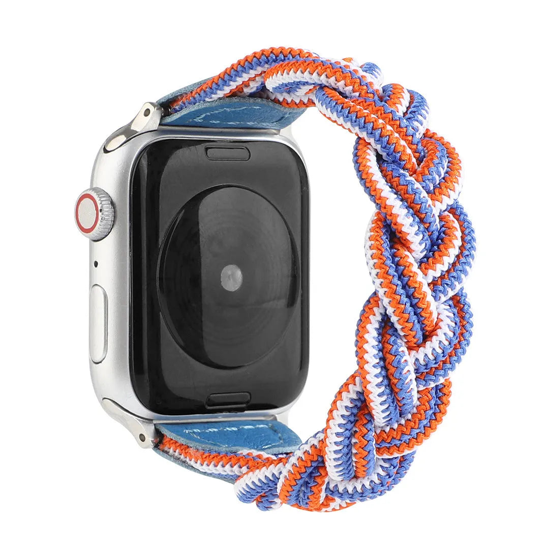 Braided solo loop watch strap for Apple Watch in army green, shown fitted to a 40mm case.