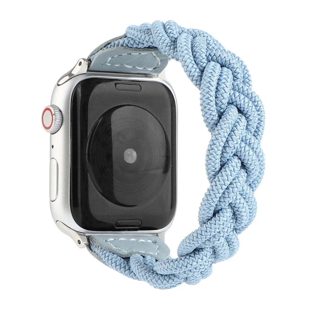 Braided solo loop watch strap for Apple Watch in army green, shown fitted to a 40mm case.